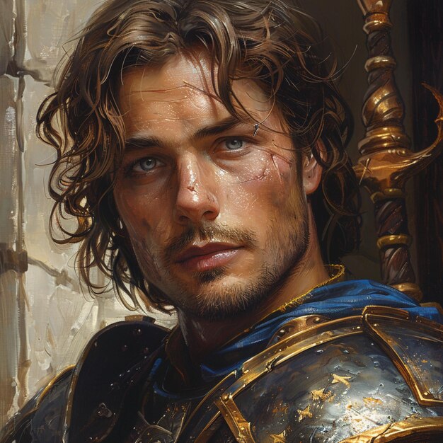 Portrait of a medieval knight in armor on the background of an old castle