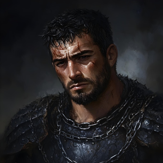 Photo portrait of a medieval warrior in armor on a dark background