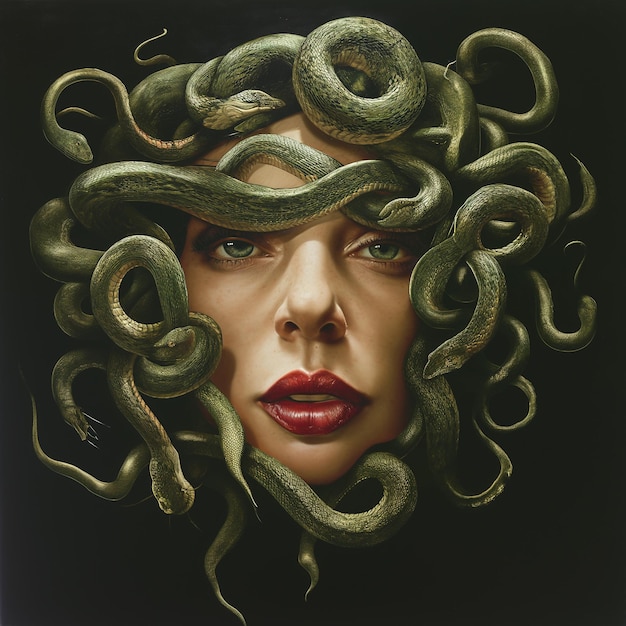 Photo a portrait of medusa with snakes for hair dark background