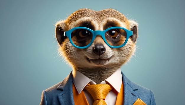 Portrait of a meerkat with glasses and a business suit