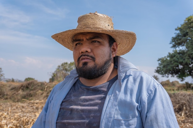 A portrait of a Mexican farmer collecting corn