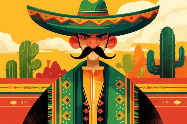 Portrait of mexican man in bright garment and sombrero Cartoon character for Cinco de Mayo party