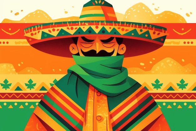 Portrait of mexican man in bright garment and sombrero Cartoon character for Cinco de Mayo party