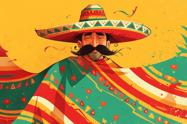 Portrait of mexican man in bright garment and sombrero Cartoon character for Cinco de Mayo party