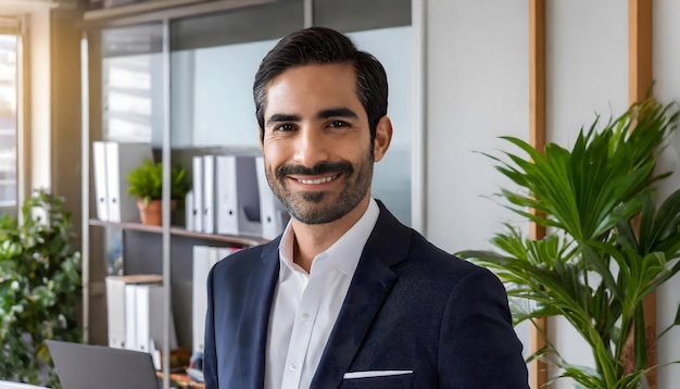 Portrait of a mid adult businessman standing in a modern office with dressed formally look