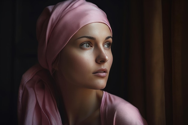 Portrait of a middle age bald woman wearing a pink headscarf Generative AI