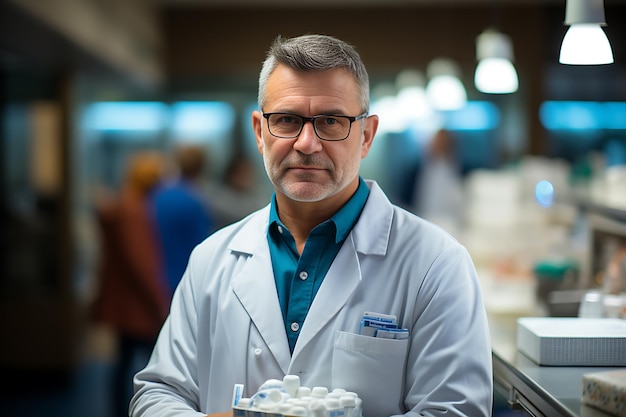 portrait of middle age man pharmacist in white robe in pharmacy