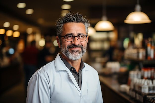 portrait of middle age man pharmacist in white robe in pharmacy