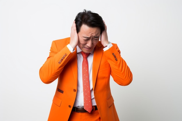 Portrait of middle aged Asian businessman in orange suit having headache