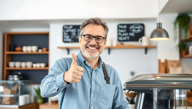 Photo portrait of middle aged man small business owner showing thumbs up and smiling confidently at his