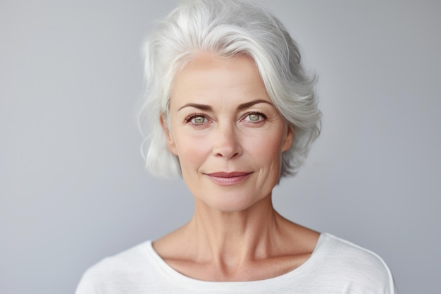 Portrait of Middle Aged Scandinavian Woman with Grey Wavy Hair on Copy Space Beautiful Age Model