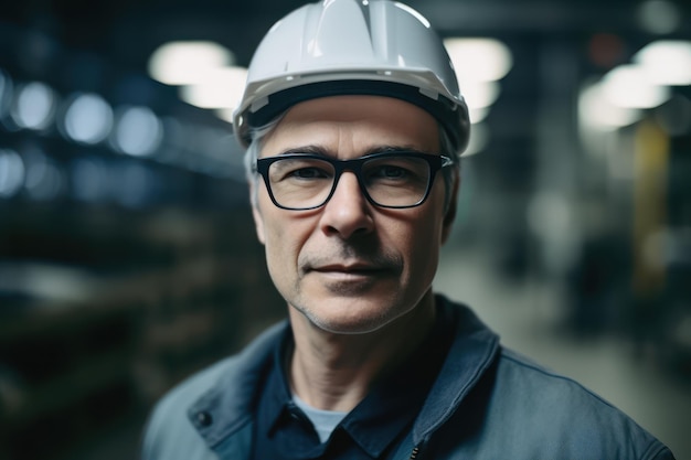 portrait of a middle aged successful male engineer putting on a white hard hat and safety glasses wh