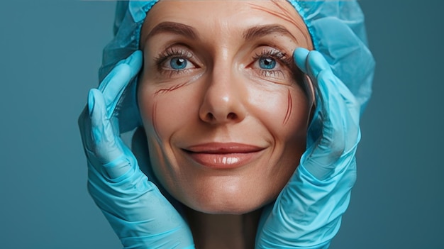 Photo portrait of a middle aged woman touching her face after plastic microsurgery