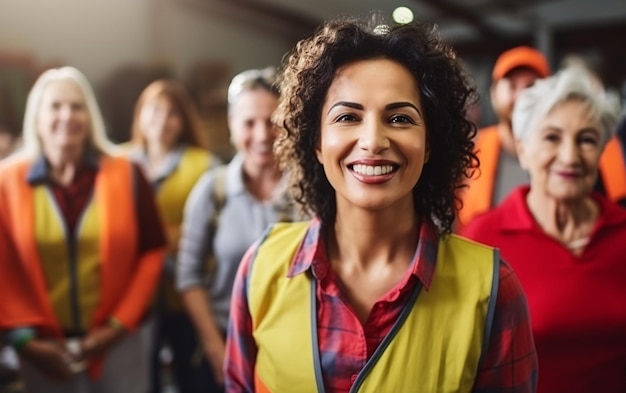 Portrait of a middleaged smiling woman in uniform at workers' protests determined woman leading