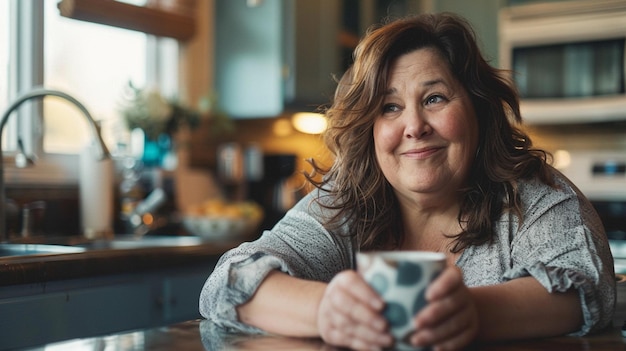 Portrait of a middleaged woman having coffee in the kitchen at home