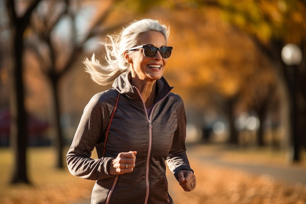 Portrait of a middleaged woman jogging in a city park in the morning