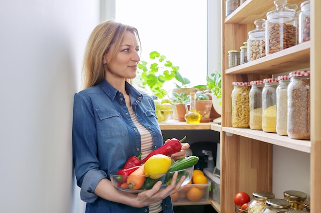 Portrait of a middleaged woman in the kitchen in the pantry with a bowl of vegetables in her hands