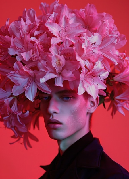 Photo portrait of a model with a large floral headpiece made of pink lilies against a vibrant red background