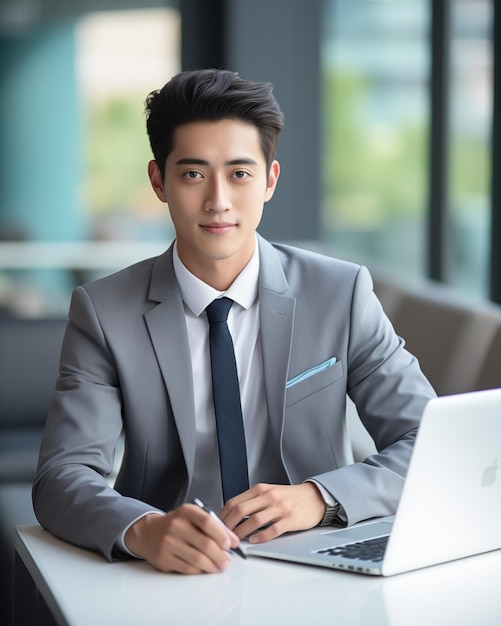 Portrait of modern professional Asian man in business suit on office background