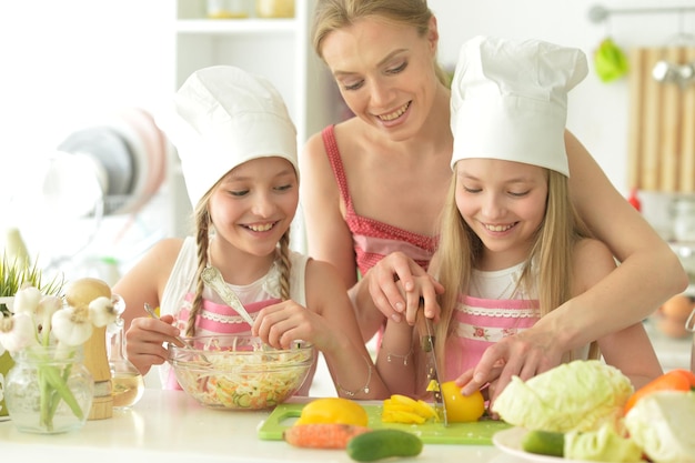 Portrait of mom and daughter cook to eat