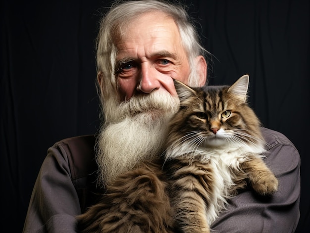 Portrait of a moment of affection between an elderly man and his cat Care and attention Domestic a