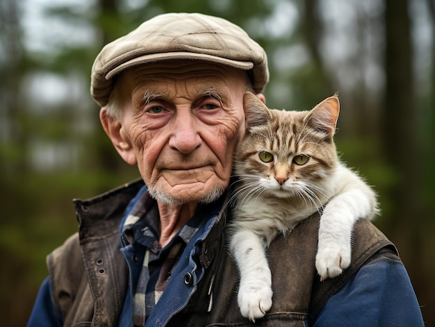 Portrait of a moment of affection between an elderly man and his cat Care and attention