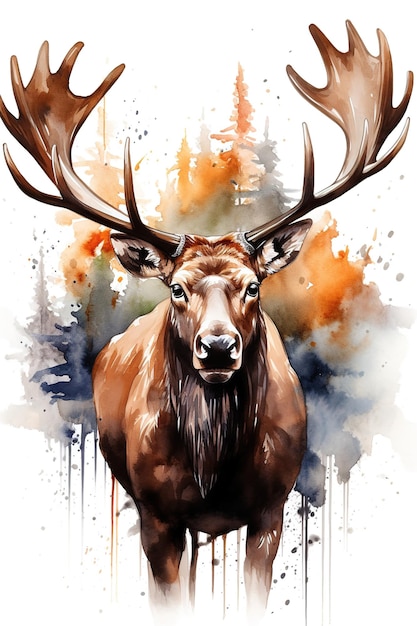 Portrait of a moose elk in watercolor style