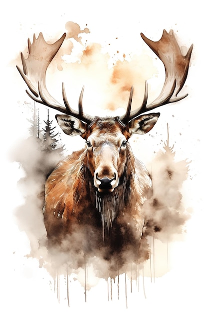 Portrait of a moose elk in watercolor style