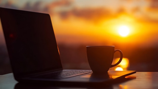 Photo portrait of morning coffee cup next to laptop at sunrise