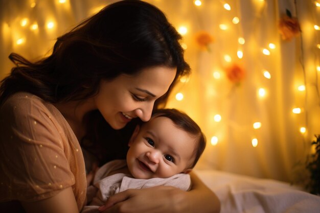 Portrait of mother and baby beautiful and smiling cinematic photoshoot