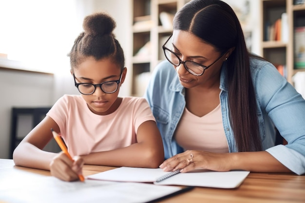 Portrait of a mother and daughter working together on homework created with generative ai