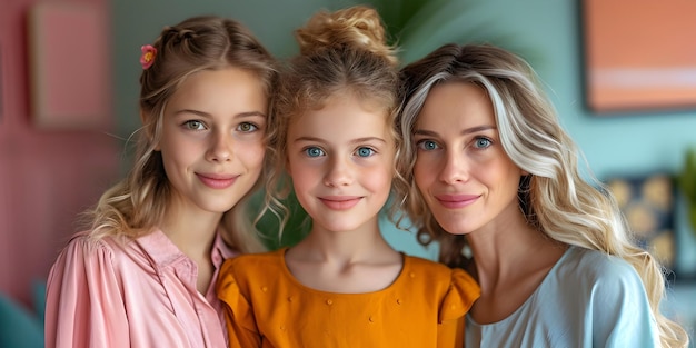 Portrait of mother and two daughter happy family hugging with love tenderness at home bonding smiling Mothers or international womens day concept