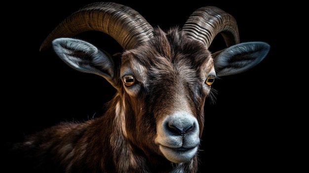 Portrait of a mouflon on black background