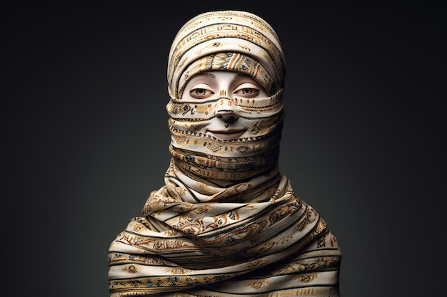 Portrait of a mummy in a headscarf on a dark background