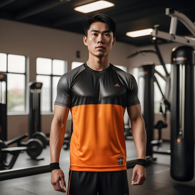 A portrait of a muscular Asian man training at agym