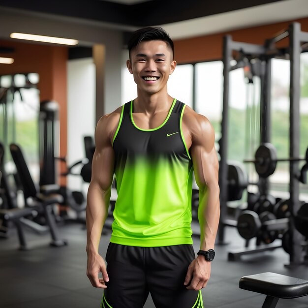 A portrait of a muscular Asian man training at agym