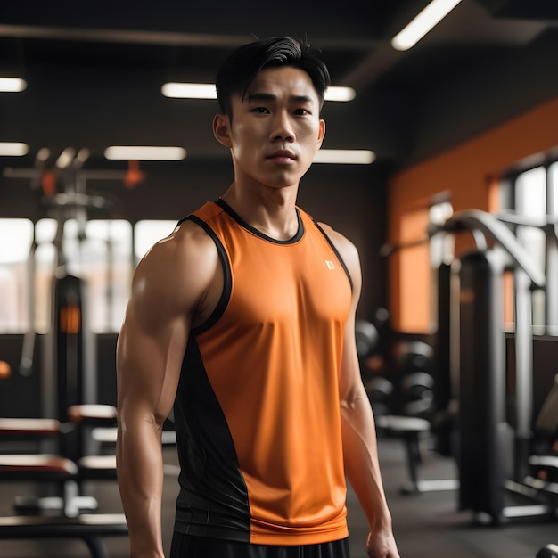 A portrait of a muscular Asian man training at agym