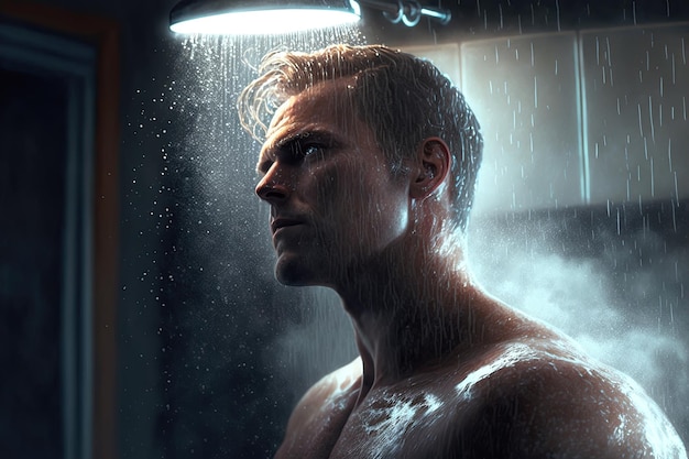 Portrait of a muscular male athlete washing under the shower