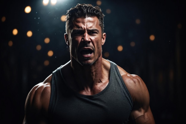 Portrait of a muscular man with tense muscles and screaming against a dark background ai generative