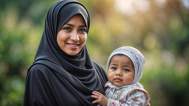 Portrait a muslim mother in hijab with her baby on blur background AI generated image