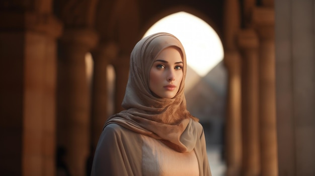 Portrait of Muslim woman in mosque islamic girl in hijab headscarf European appearance