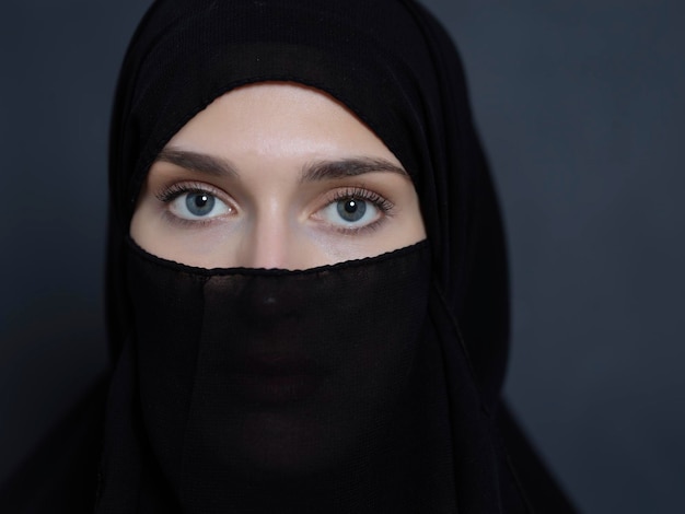 Portrait of muslim woman wearing niqab and traditional arabic clothes or abaya. Arab woman representing modern arabic lifestyle, islamic  fashion and Ramadan kareem concept