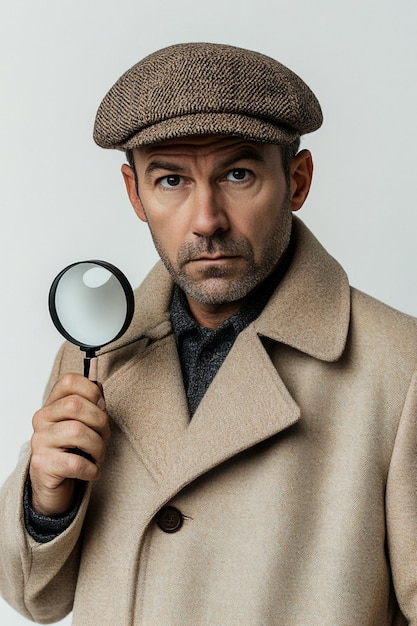 Photo portrait of a mysterious detective with a magnifying glass dressed in a beige coat and hat