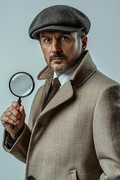 Portrait of a mysterious detective with a magnifying glass dressed in a beige coat and hat