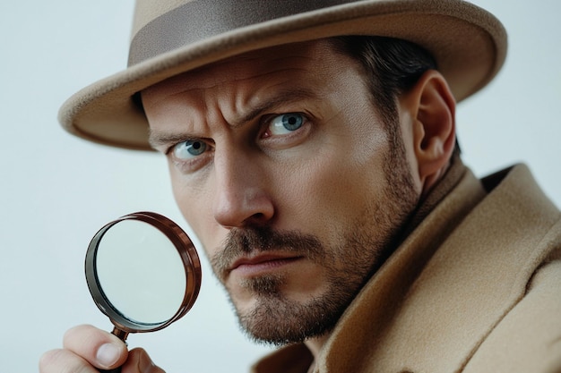 Portrait of a mysterious detective with a magnifying glass dressed in a beige coat and hat