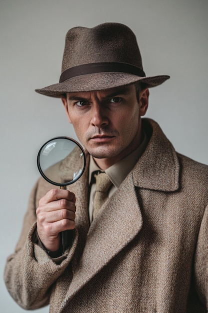 Photo portrait of a mysterious detective with a magnifying glass dressed in a beige coat and hat