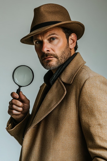 Portrait of a mysterious detective with a magnifying glass dressed in a beige coat and hat