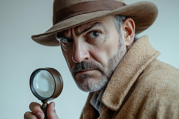 Portrait of a mysterious detective with a magnifying glass dressed in a beige coat and hat