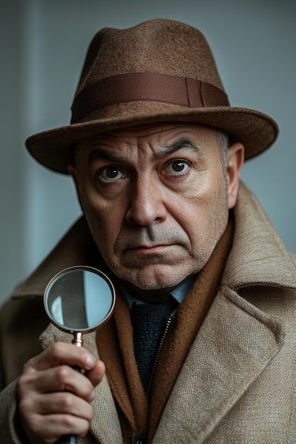 Portrait of a mysterious detective with a magnifying glass dressed in a beige coat and hat