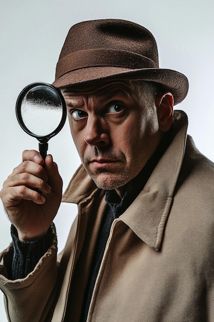 Photo portrait of a mysterious detective with a magnifying glass dressed in a beige coat and hat